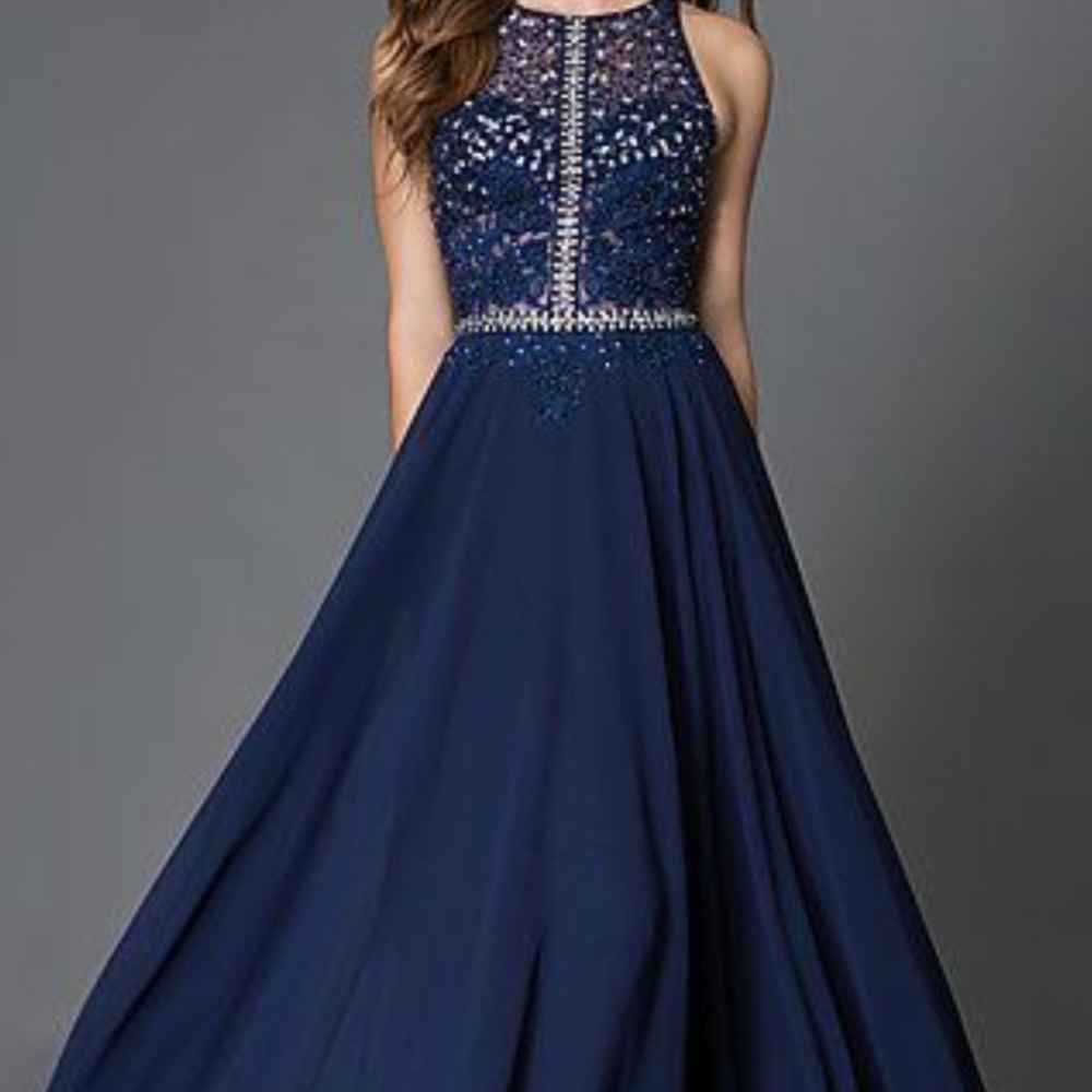 Dancing Queen Blue Sleeveless Halter Prom Gown